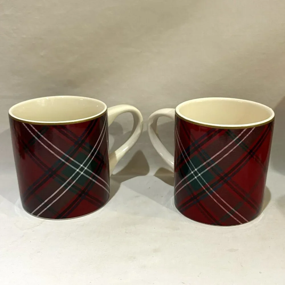 Pair of Willaim Sonoma Scottish Tartan Red Plaid Holiday Coffee Mugs